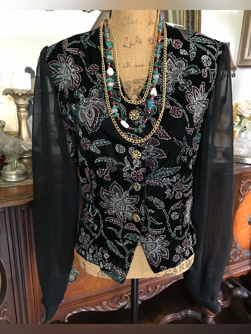 Vintage 80โs/90โs Victorian-inspo Gothic Black Velvet Chiffon Floral Blouse Vest